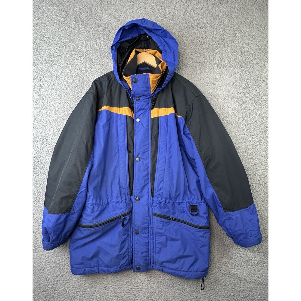 LL Bean Parka Jacket Mens Large Blue Black Primaloft Insulated Hidden Hood Coat